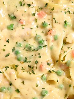 Comforting Chicken Noodle Casserole in a baking dish.