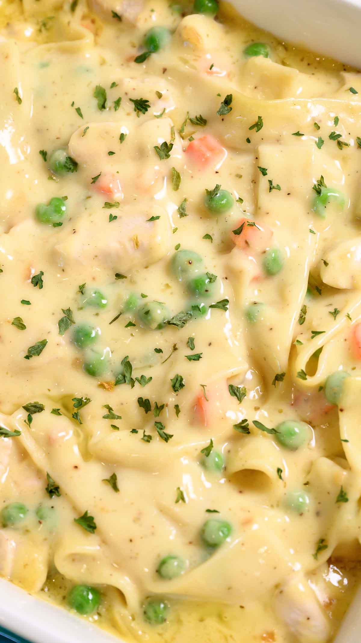 Comforting Chicken Noodle Casserole in a baking dish.