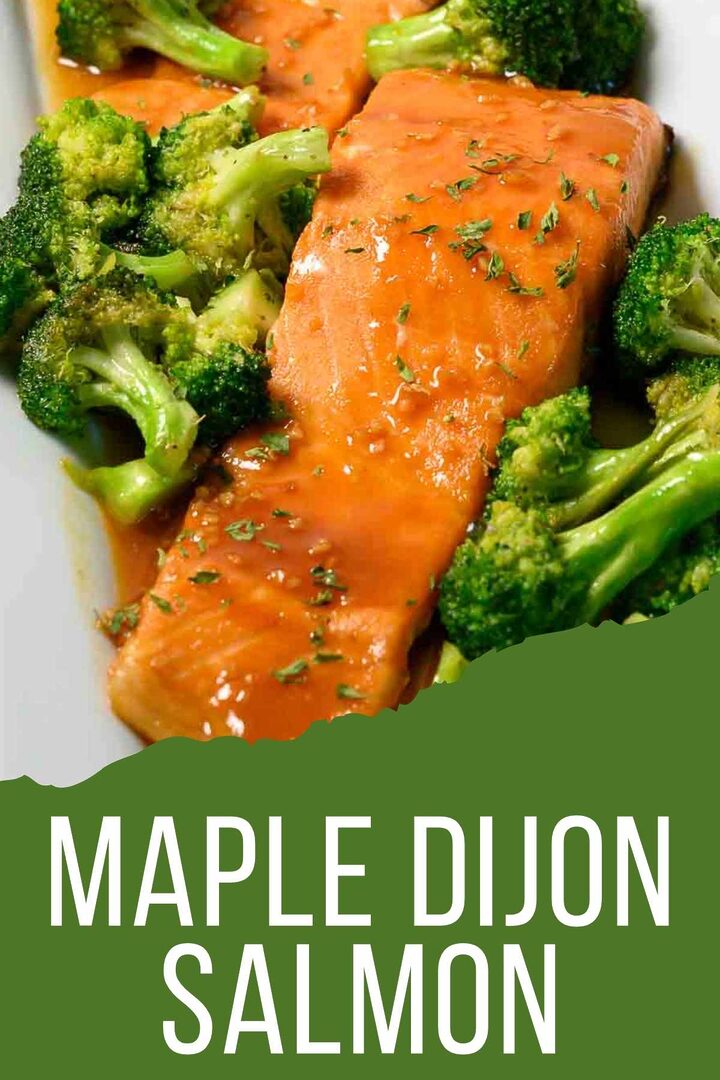 Maple Dijon Salmon and broccoli on a plate.