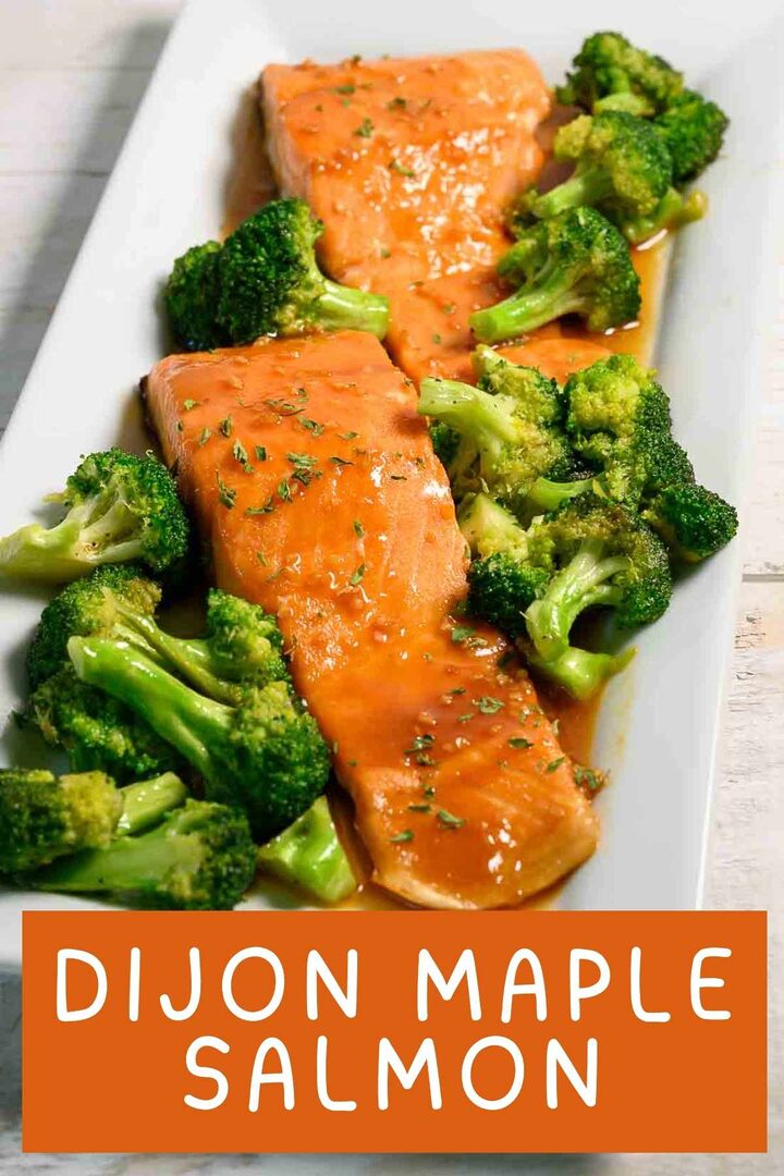 Dijon Maple Salmon and broccoli on a plate.