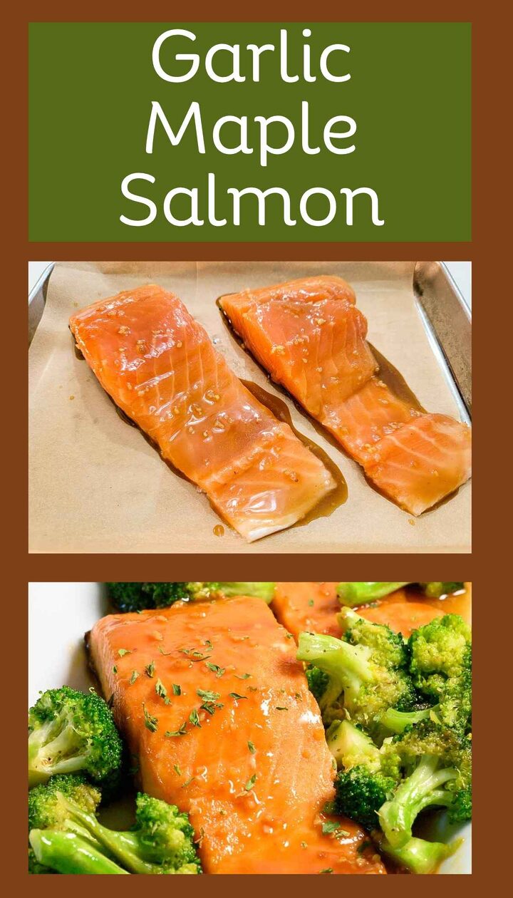 Garlic Maple Salmon unbaked on a cookie sheet and also cooked with broccoli on a plate.