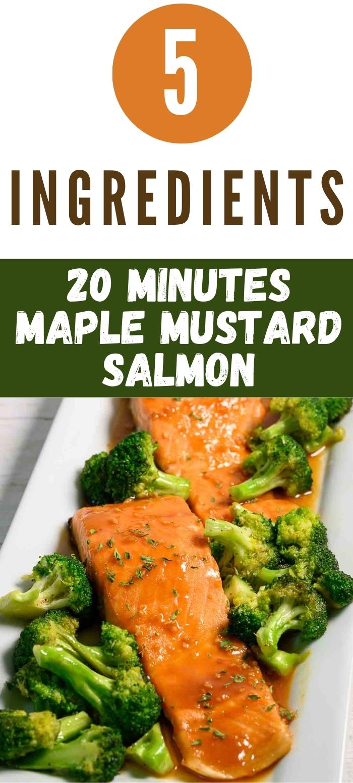 Maple Mustard Salmon on a plate with broccoli.